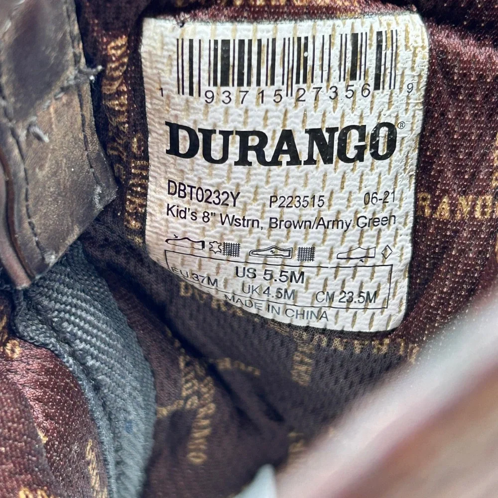 Durango Kids 8 Inch Western Boots Brown Army Green USA Flag Size 5.5M